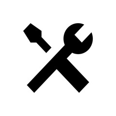 A graphic representation of a wrench and a screwdriver crossed in a black and white simple design