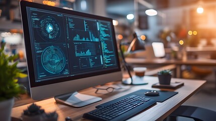 Modern workspace with a desktop computer displaying data analytics and code.  Blurred background shows a busy office environment.  Perfect for tech, data, or business concepts.