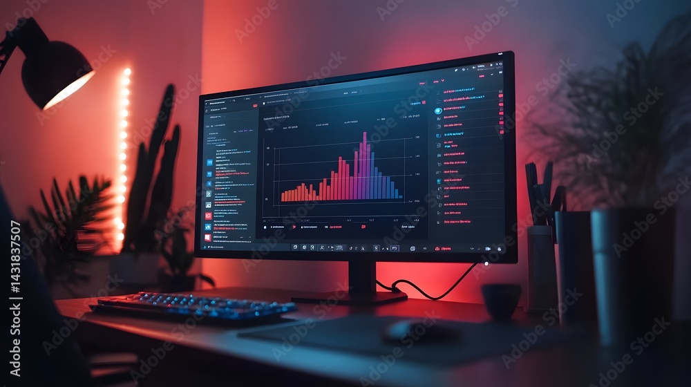 Poster a modern workspace at night, illuminated by red and blue ambient lighting. a large computer monitor 