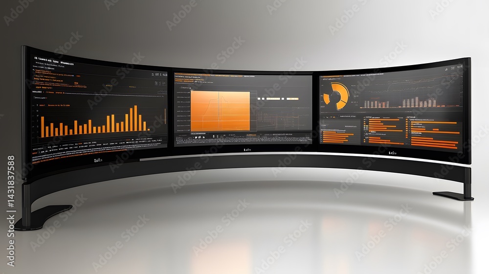 Aufkleber curved triple monitor display showcasing dynamic data visualizations, graphs, and charts in a dark t