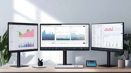Three modern monitors displaying various financial charts and graphs sit on a minimalist desk with a keyboard and tablet.