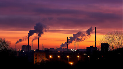 Naklejka premium Industrial factory chimneys releasing smoke into the colorful sunset sky with city lights and haze below. 