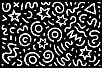 Seamless abstract background featuring white doodle lines, stars, swirls, and geometric shapes on a black backdrop. Vector illustration