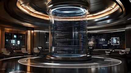 Futuristic server room interior with a large glass cylinder displaying lines of code, surrounded by advanced technology and sleek design.  Modern, high-tech workspace.