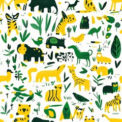 Obraz premium Vibrant Jungle Animal Print: A Whimsical Yellow and Green Safari Design