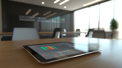 A tablet displaying graphs sits on a modern office table. The background is a blurred view of a contemporary meeting room with large windows and minimalist furniture.