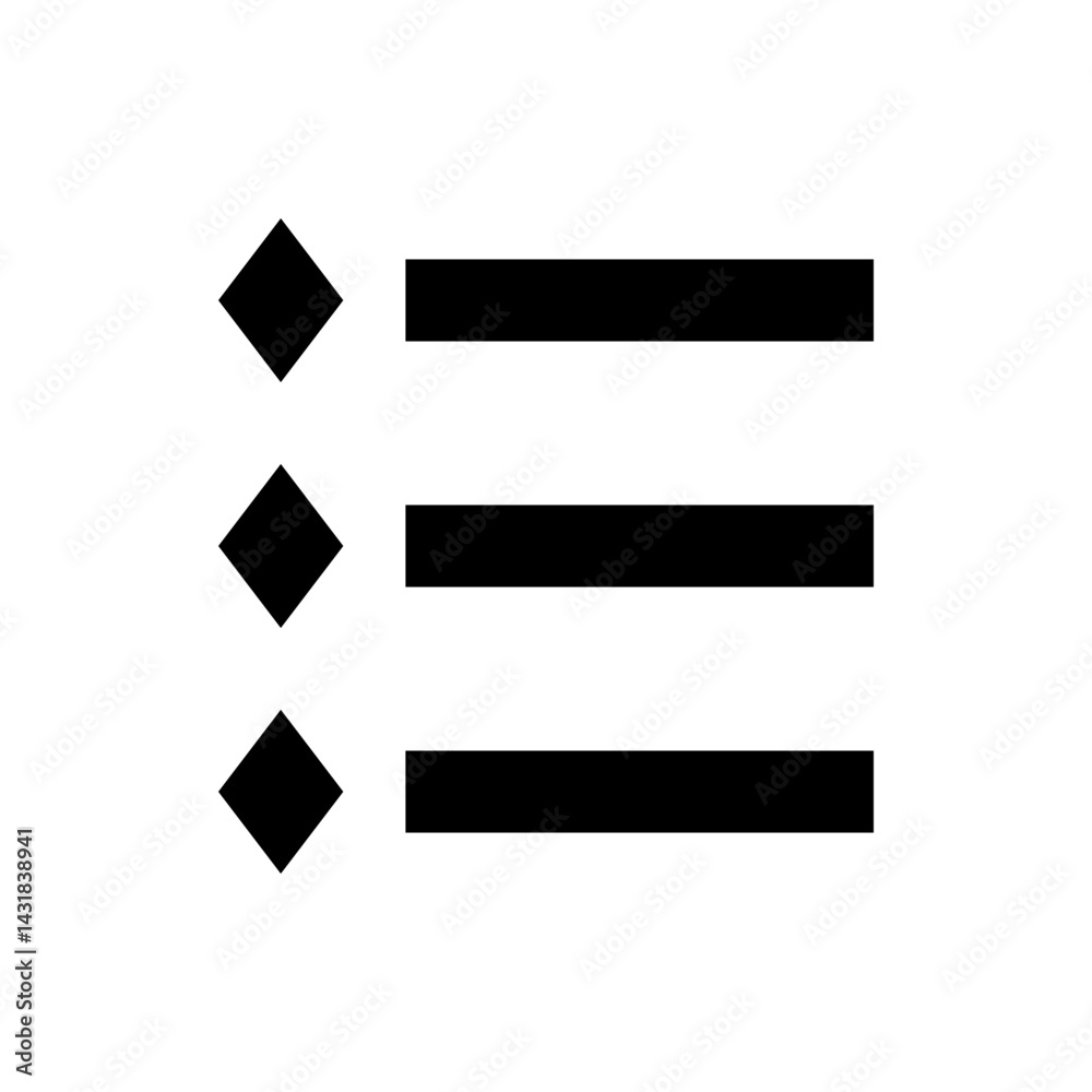Poster list icon with three diamonds and three horizontal bars representing a menu or options list view 100