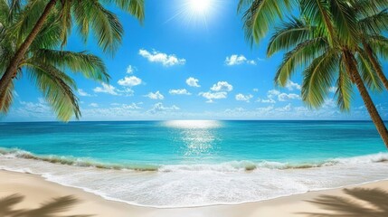 Tropical beach paradise. Sun-drenched shores, turquoise waters, and swaying palms
