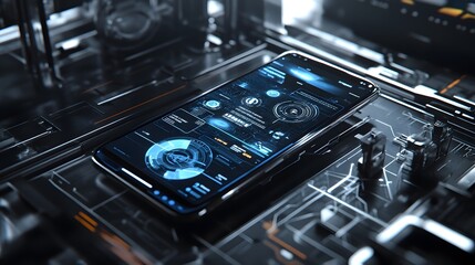 Futuristic smartphone displaying a holographic interface rests on a complex technological circuit board.  Sleek design, vibrant blue HUD elements.