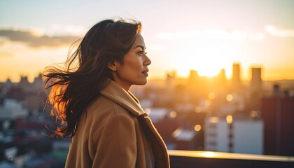 Beautiful woman standing on a rooftop during sunset looking at the horizon