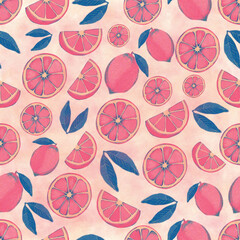Seamless Summer Fruit Pattern with Pink Grapefruits and Leaves on Soft Textured Background