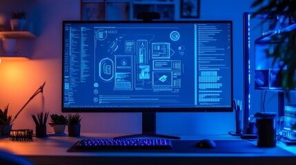 A modern computer screen displays blue digital data and code in a dimly lit workspace with plants and peripherals. The atmosphere is techy and futuristic.