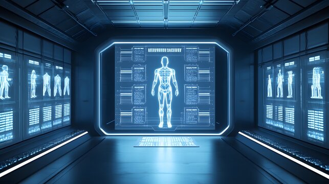 Futuristic medical facility interior with holographic human anatomy displays.  Blue neon lighting illuminates a sleek, technological environment.  Data screens show anatomical details.