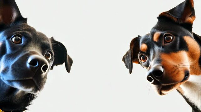 Two dogs peeks out from the sides of the screen on white background.