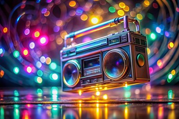 Fototapeta premium Retro Stereo Boombox Hologram Wireframe: Futuristic Music & Audio Concept