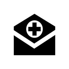 Black envelope icon with a white stripe and a white medical cross inside a circle symbol on top center