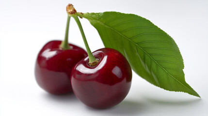 Two ripe red cherries with a green leaf attached, isolated on a white background.
