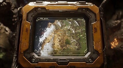 Close-up of a futuristic, rugged handheld device displaying a detailed satellite map of a war-torn landscape.  The device shows signs of wear and battle damage.
