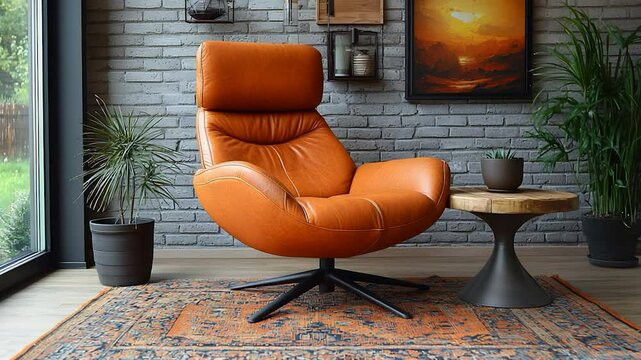 Modern tan leather armchair in stylish living room