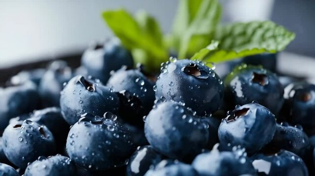 The camera pans around blueberries in a bowl with mint.