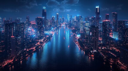 Obraz premium Neon Cityscape at Night: Aerial View of a Vibrant Metropolis