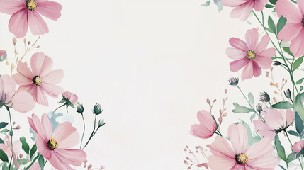 Fototapeta premium Elegant wedding invitation card background . Minimal hand painted watercolor Cosmos flowers texture template background. Design for wedding, vip cover, poster, rsvp moderncard.Valentine's Day