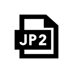 Illustration of a jp2 file format icon with a black border and white text on a white background