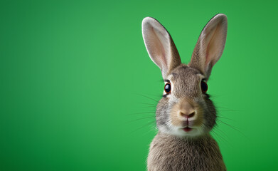 Rabbit, animal, bunny on green background with upright ears looking directly at camera.

