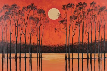 Fotobehang Sunset over a forest reflected in water © Selsi