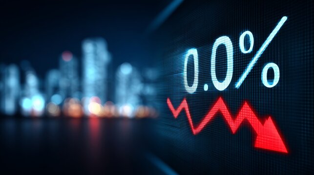 Financial Market Decline - market graph showing a sharp decline to 0.0%, reflecting economic downturn. City skyline in background