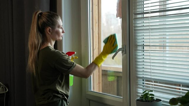 The woman is carefully wiping the glass on the balcony door with a cloth. The housewife is thoroughly cleaning the window at home with a cloth to remove soapy streaks. Window cleaning at home.