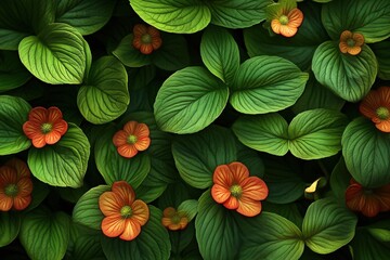 Fototapeta premium Intricate pattern of vibrant green leaves and orange blossoms.
