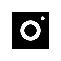 Illustration of a camera icon with a circular lens and a flash in a black and white design style