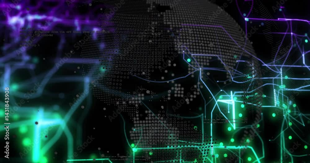 Poster global data network being visualized, with glowing nodes, neon circuit lines and code fragments