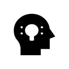 Black silhouette of a head with a lightbulb shaped hole and four dots in the head area design