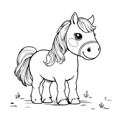 Cartoon vector design for kids to color of a cute happy little horse