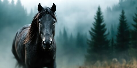 Majestic black horse stands in misty forest at dawn surrounded by tall evergreen trees