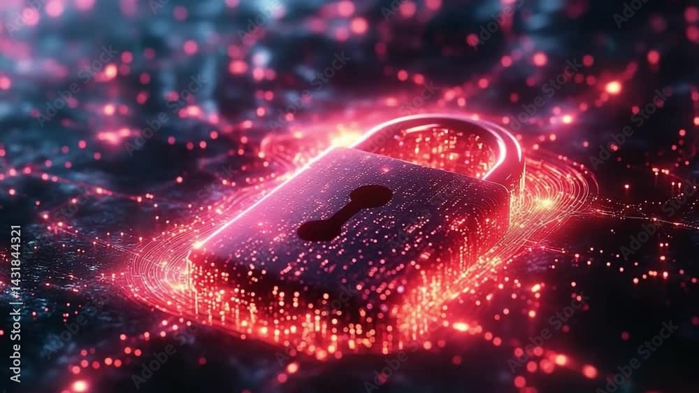 Poster digital fortress: a luminous digital padlock radiates with energy, signifying robust online security