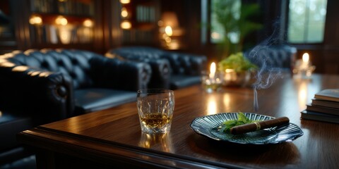 Relaxing evening with whiskey and cigar in a cozy lounge filled with warm light and comfortable seating