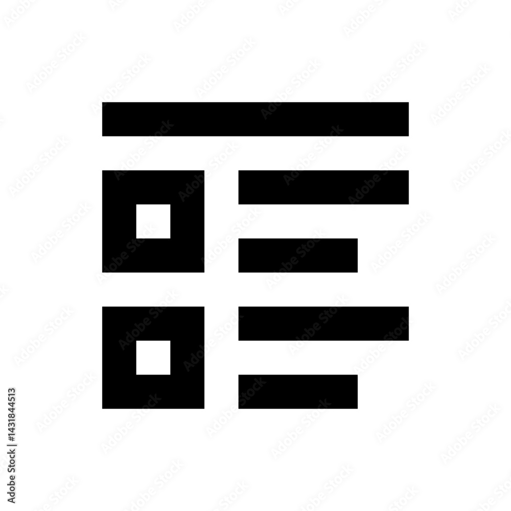 Poster black and white icon showing a list with square bullet points and horizontal lines as content rows