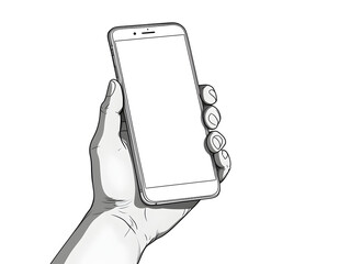 Simple black line illustration of a hand holding a smartphone, white background 