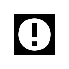 White exclamation mark inside a white circle, all contained within a black square background shape