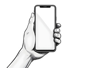 Simple black line illustration of a hand holding a smartphone, white background 