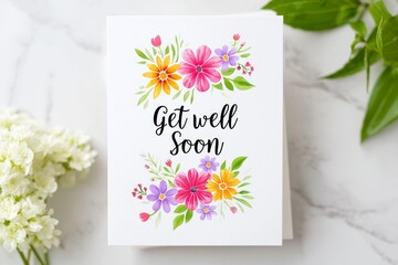 Get Well Soon Floral Watercolor Card - A vibrant watercolor floral design on a get well soon card. Symbolizing hope, healing, recovery, cheer, and wishes for better health