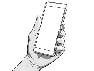 Simple black line illustration of a hand holding a smartphone, white background 