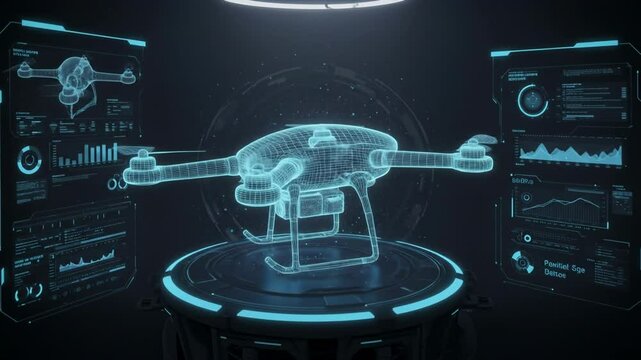 Futuristic wireframe drone in virtual laboratory with holographic data displays, technology innovation and analysis concept