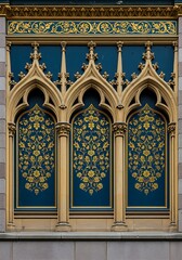 Obraz premium Against a teal backdrop, intricate gold floral designs are framed by three pointed Gothic arches with gold trim, part of a rich architectural detail above a stone base