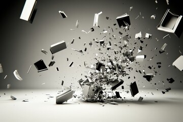 A dynamic representation of shattering objects in a monochrome environment.