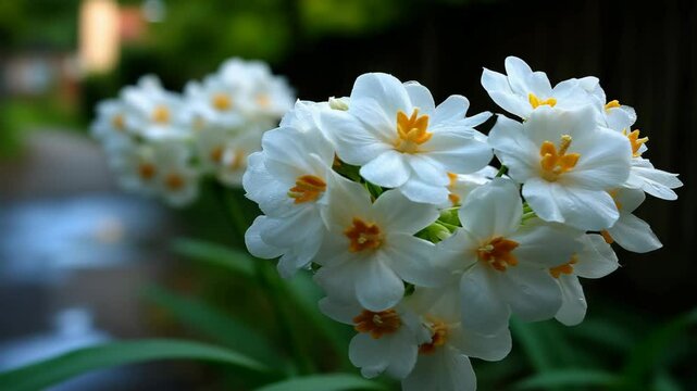 Close-up of delicate white daffodils blooming outdoors, showcasing their beautiful petals and vibrant orange centers