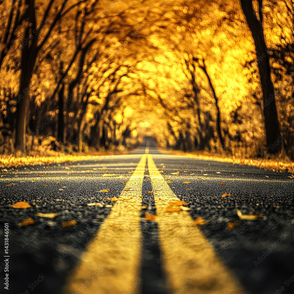 Wall mural road with two yellow lines and trees in the background